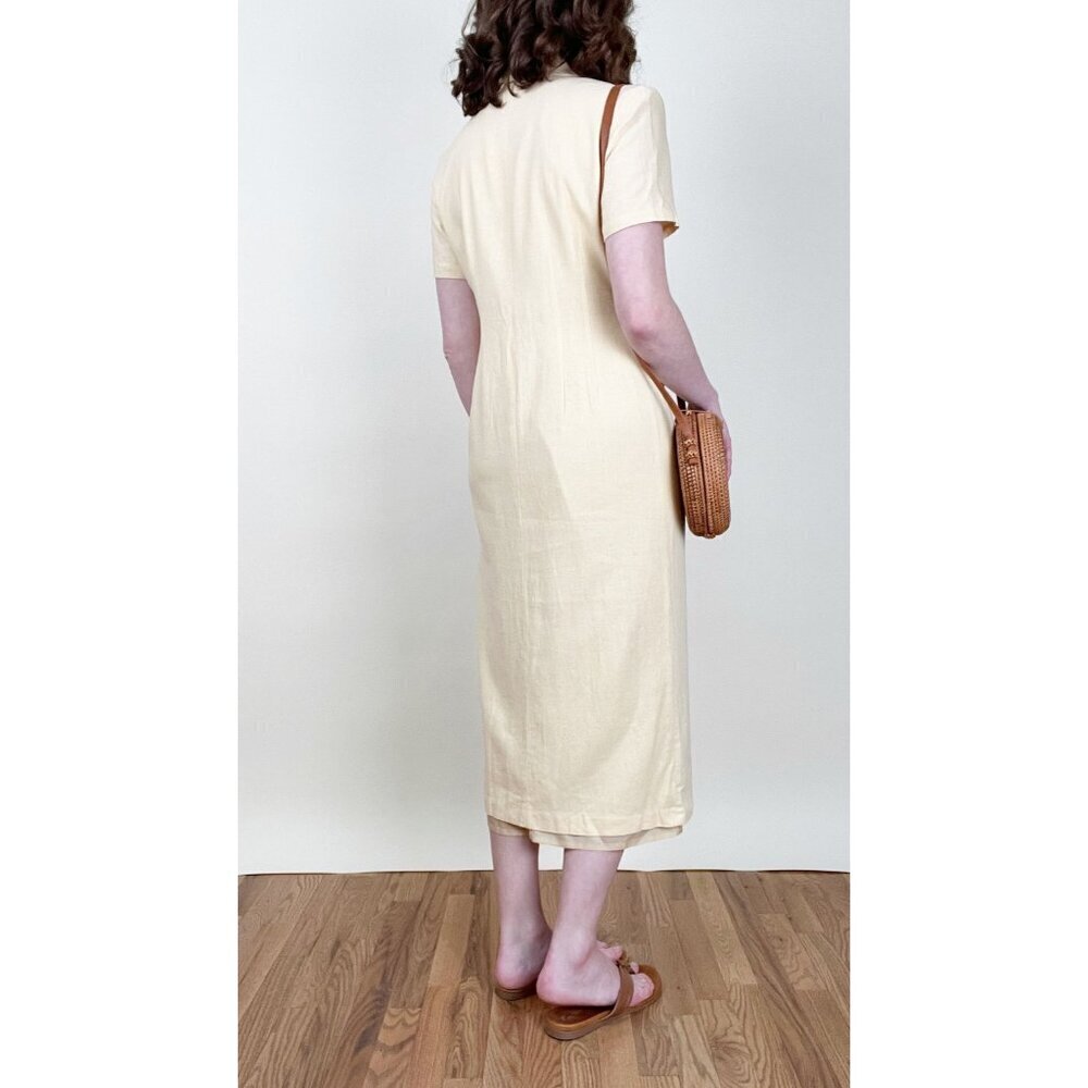 Vintage Linen Floral Embroidered Button Up Down Midi Dress Summer Sun Sundress - Picture 4 of 7
